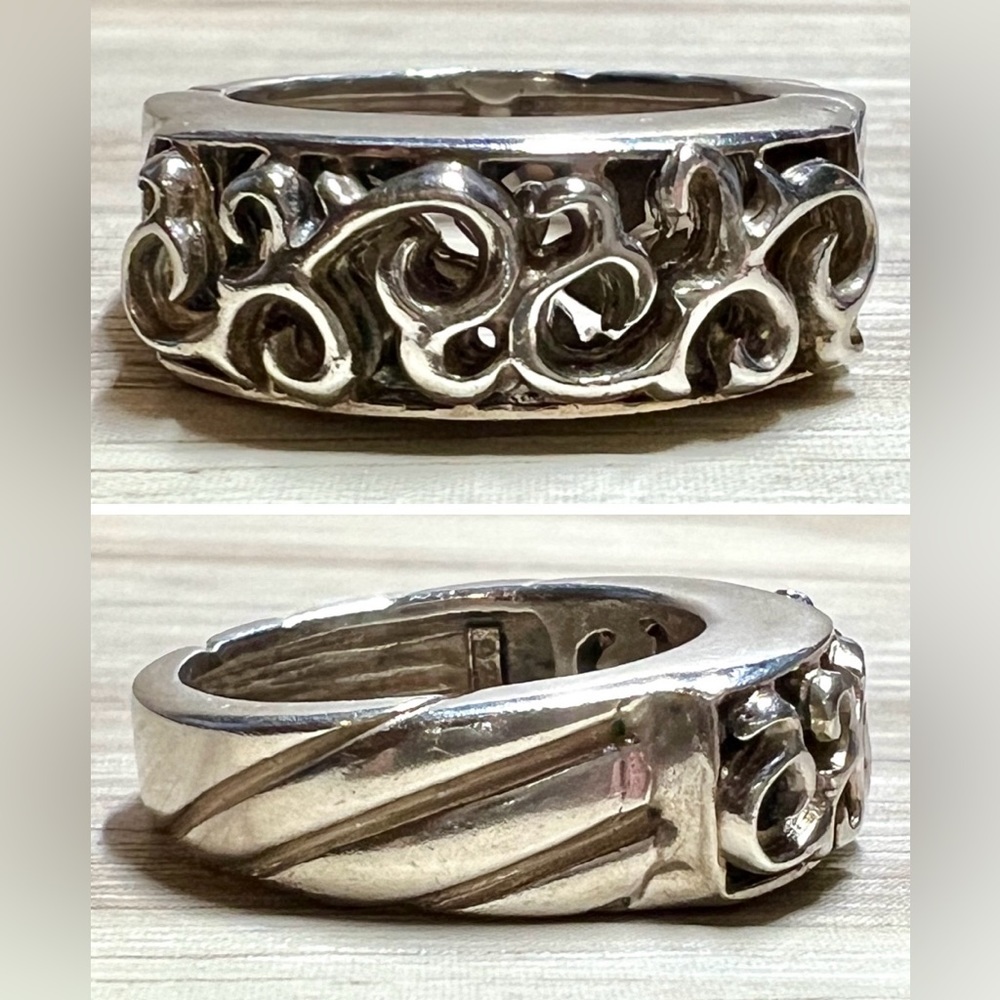 Vintage Handmade Sterling Silver & 14K Gold Scrolled Filigree Band Ring, Size 6